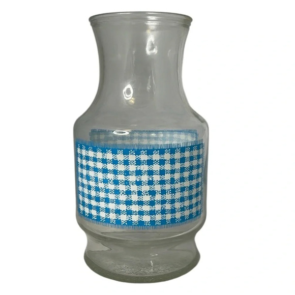 Vintage 80’s Juice Jug Clear Glass Blue White Gingham No Lid - Picture 1 of 10